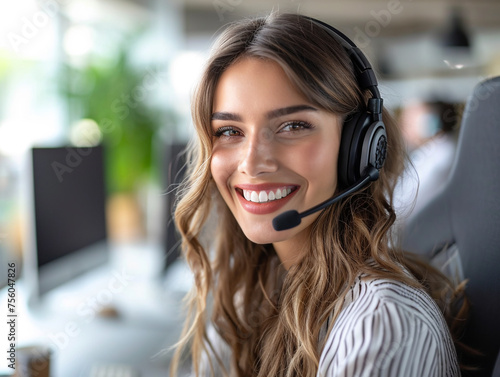 Portrait of a smiling customer support phone operator in headset sitting in office