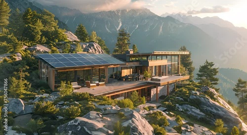 House With Solar Panel on Mountain Top photo