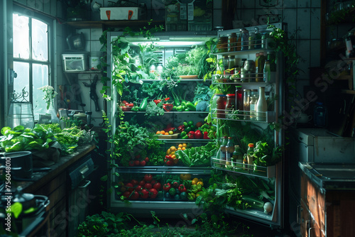 An open refrigerator displaying an abundance of assorted fresh vegetables inside, retro