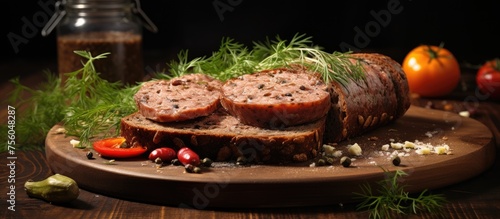 A loaf of meatloaf, made with various ingredients, is displayed on a wooden cutting board. This traditional dish is a popular food item at events and gatherings photo