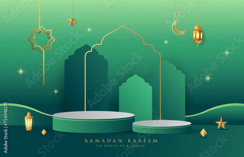 Ramadan Kareem design on green Islamic background with gold ornament star, moon, lanterns and podium. Suitable for raya and ramadan template concept. © CheowKeong