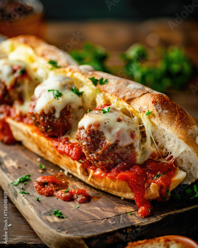 Meatball sandwich with Melted Mozzarella and Marinara Sauce on a Wooden Cutting Board