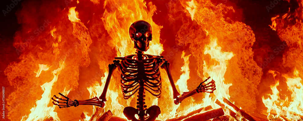 Esqueleto bailando con fuego y llamas por la noche - obrazy, fototapety, plakaty 