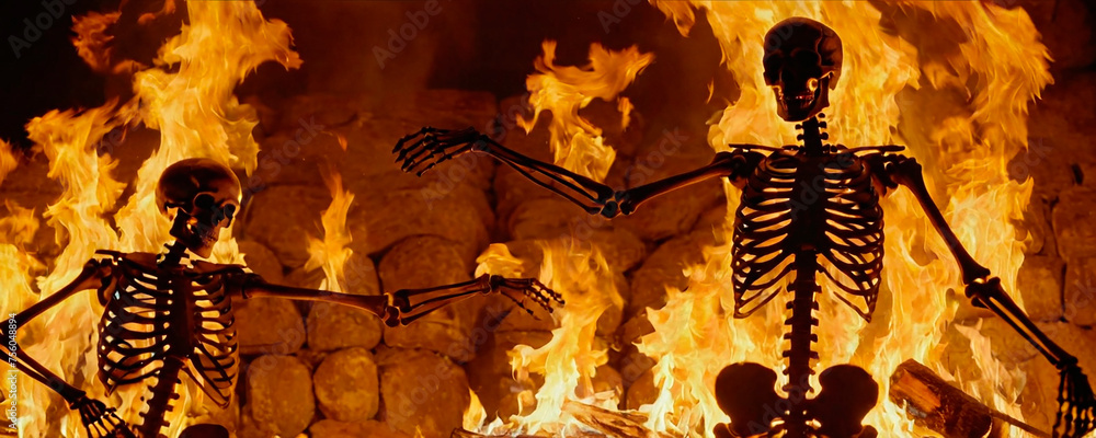Esqueletos bailando con fuego y llamas por la noche - obrazy, fototapety, plakaty 