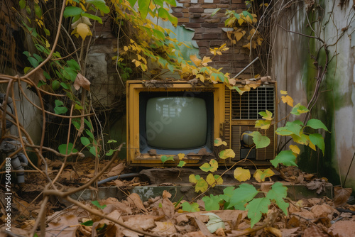 An old television set left in the middle of a pile of fallen leaves, surrounded by nature, retro