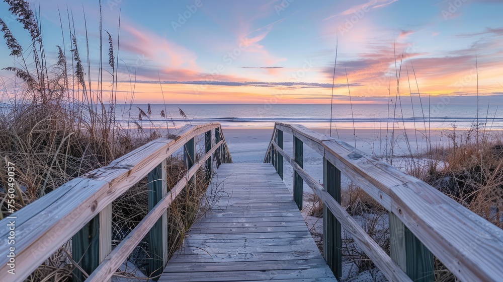 view of the footbridge on the beach at sunrise. Relax on vacation