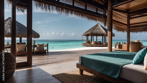 Sumptuous beachfront retreat on the idyllic shores of the Maldives  boasting unparalleled views of turquoise waters and overwater bungalows with direct access to the Ocean