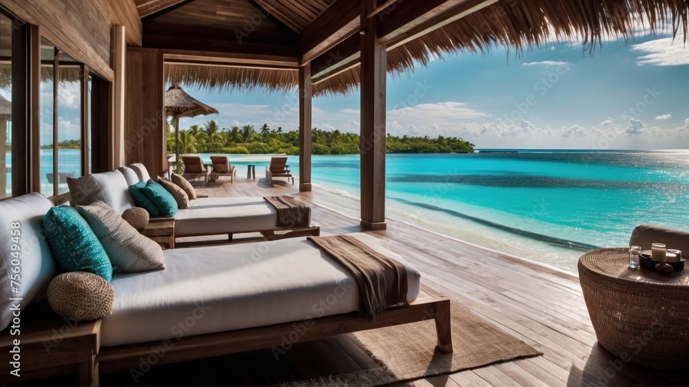 Fototapeta premium Sumptuous beachfront retreat on the idyllic shores of the Maldives, boasting unparalleled views of turquoise waters and overwater bungalows with direct access to the Ocean