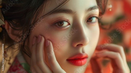 Craft an image featuring a young Asian beauty woman with pulled-back hair, showcasing Korean makeup style. 