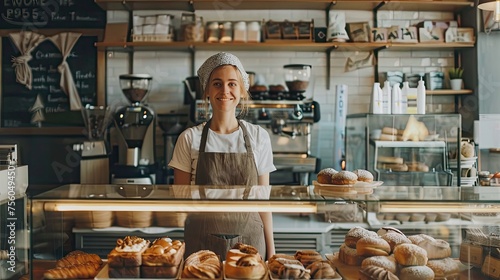 Startup small business owner female baker standing at the counter of bakery and coffee shop. SME entrepreneur seller business concept