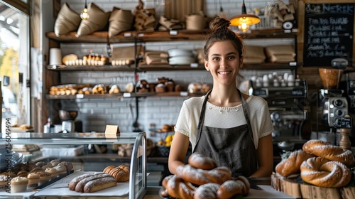 Startup small business owner female baker standing at the counter of bakery and coffee shop. SME entrepreneur seller business concept