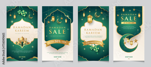 Modern Ramadan design template for social media posting. Fresh green Raya with golden islamic elements templates collection. © CheowKeong