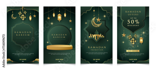 Elegant Ramadan design template for social media posting. Dark green Raya with golden islamic elements templates collection. © CheowKeong