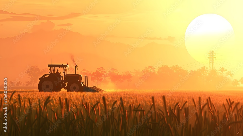 Tractor working on the rice fields barley farm at sunset time, modern agricultural transport.
