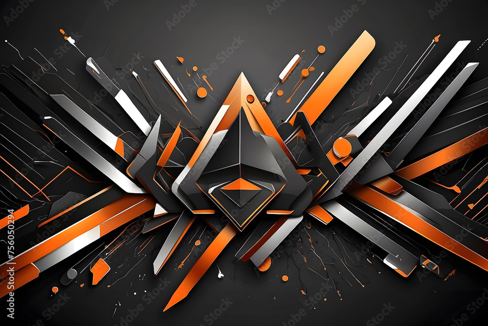 Technology banner design with metallic silver arrows. Abstract geometric black and orange vector background design. Technology banner design with metallic silver arrows. Abstract geometric black and orange vector background design.