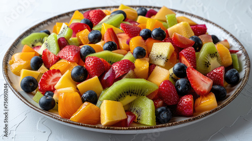 Close up of fruit salad made with mango, kiwis, blueberries, raspberries, strawberries and chia seed on white plate, light background.