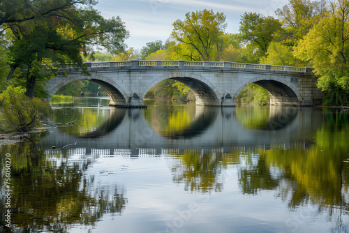 A historic bridge shimmering in the gentle ripples of a tranquil river, highlighting its architectural splendor mirrored in the water.