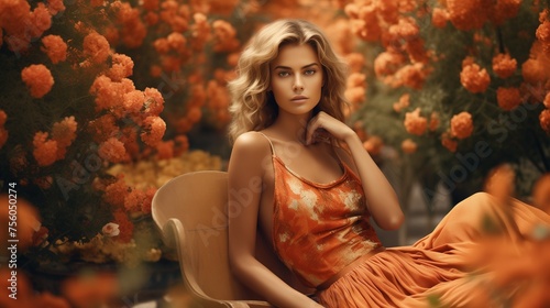 Craft an image of a beautiful fashion model adorned in an orange dress, seated on an orange flowerbed. Infuse vibrancy into the scene, capturing the essence of elegance and style.  © Wajid