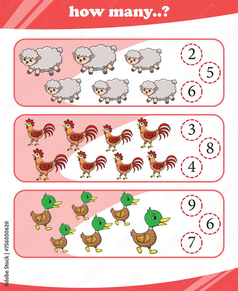 Education game for children count and match the number of cute wild animal. Printable worksheet. Vector illustration Education game for children count and match the number of cute wild animal. Printable worksheet. Vector illustration