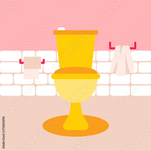 Pink Bathroom Yellow Toilet. Vector Illustration of Flat Tile Wall and Orange Carpet.. (ID: 756050696)