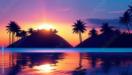 Tropical beach sunset with palm trees by the sea