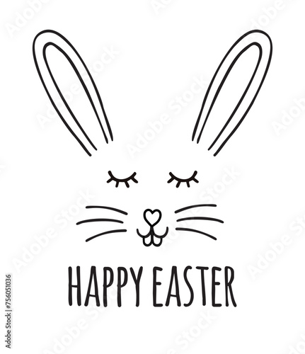 Vector hand drawn doodle sketch bunny rabbit face with happy Easter text isolated on white background