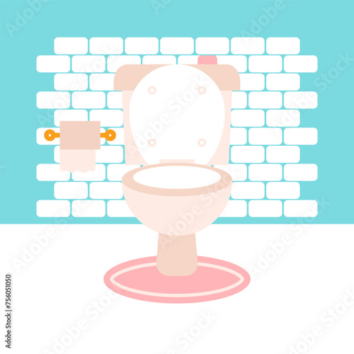 Blue Bathroom Light Toilet. Vector Illustration of Flat Tile Wall and Pink Carpet. (ID: 756051050)