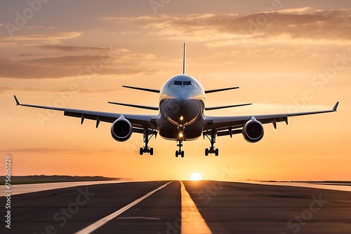 Airplane on the runway at sunset. Business travel and transportation concept