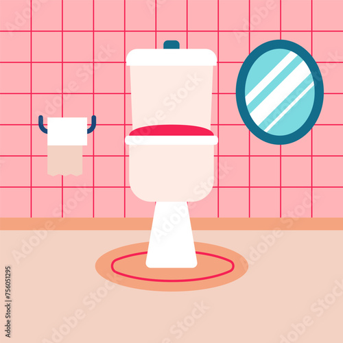 Blue Bathroom Blue Toilet. Vector Illustration of Flat Tile Wall and Pink Carpet and Mirror. (ID: 756051295)