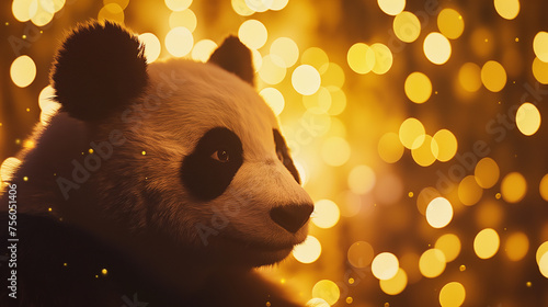 Urso panda isolado e ao fundo luzes amarelas - Papel de parede photo