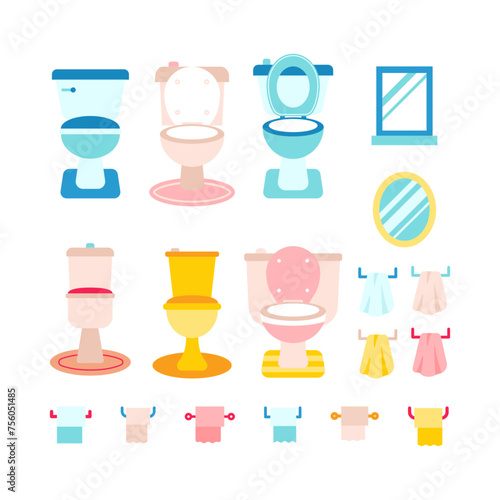 Toilet Isolated Flat Set. Vector Illustration of Objects over White. Mirror and Paper and Towel. (ID: 756051485)