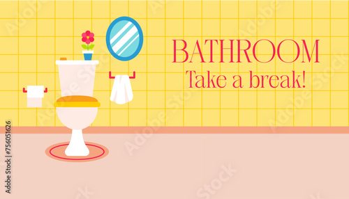Toilet Yellow Bathroom Flat Banner. Vector Illustration of Tile Wall and Pink Carpet. Mirror and Towel. Paper. (ID: 756051626)