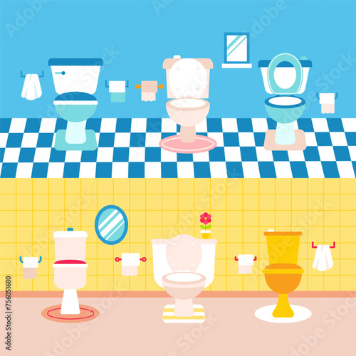 Toilet Bathroom Flat Concept. Vector Illustration of Tile Floor and Carpets. Towels and Papers. (ID: 756051680)
