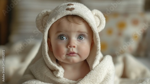 Baby Wearing Teddy Bear Robe on Bed