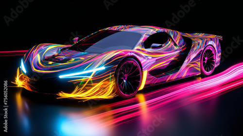 Sports neon car against the backdrop of a metropolis. Cyberpunk, futuristic style. Isolated, 3D rendering. Concept of game, motorsport and active lifestyle. Design of banners, cards, posters.