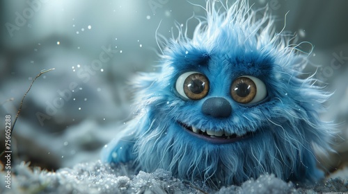 Smiling Blue Stuffed Animal in Snow