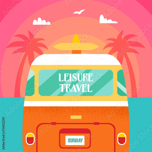 Leisure Travel Sun Van. Vector Illustration of Flat Car for Surf and Leisure. (ID: 756052289)
