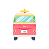 Surf Van Back View Isolated. Vector Illustration of Flat Car for Trip Object over White Background.