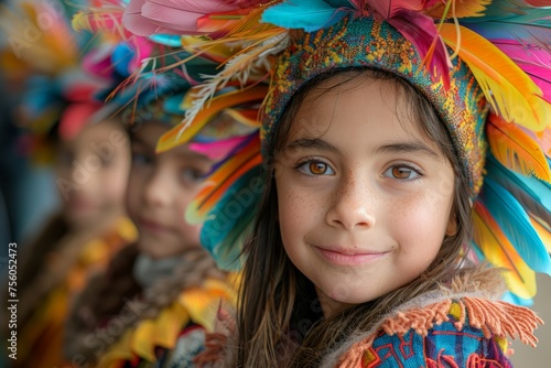 Young Girl in Colorful Headdress With Feathers