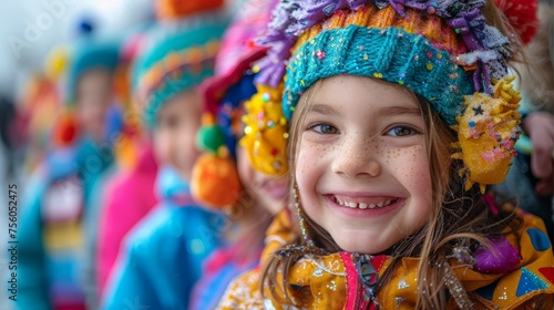 Young Girls in Colorful Hats and Scarves