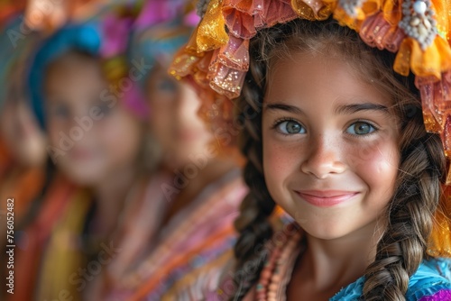 Young Girl Smiling in Colorful Headdress