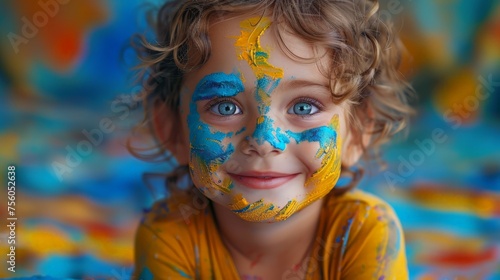Little Girl With Blue and Yellow Face Paint