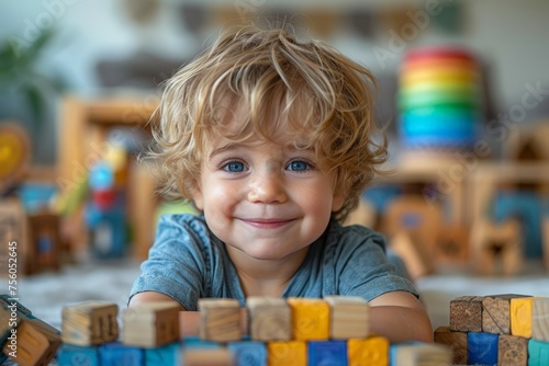 Little Boy Engaged With Wooden Block Set