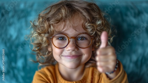 Smiling Boy in Glasses Giving Thumbs Up