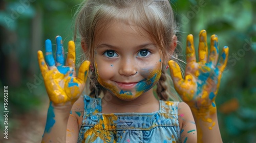 Little Girl Covered in Yellow and Blue Paint