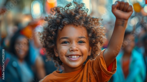 Smiling Young Boy With Curly Hair Raising Fist