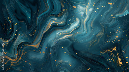 Luxurious Design Background. Paint Swirls in Beautiful Teal and Blue colors, with Gold Glitter