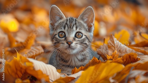 Kitten Playing in Leaves