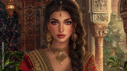Persian Beauty Adorned with Traditional Gold Adornments photo