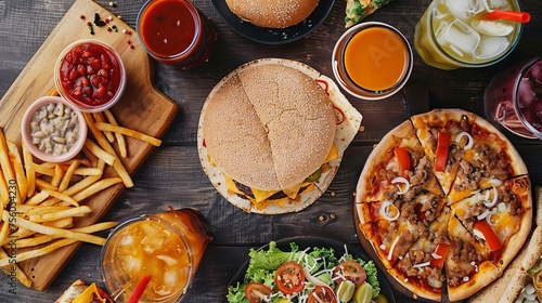 Top view of various fast foods on the table. Unhealthy fast food with sauces on wooden table. 
